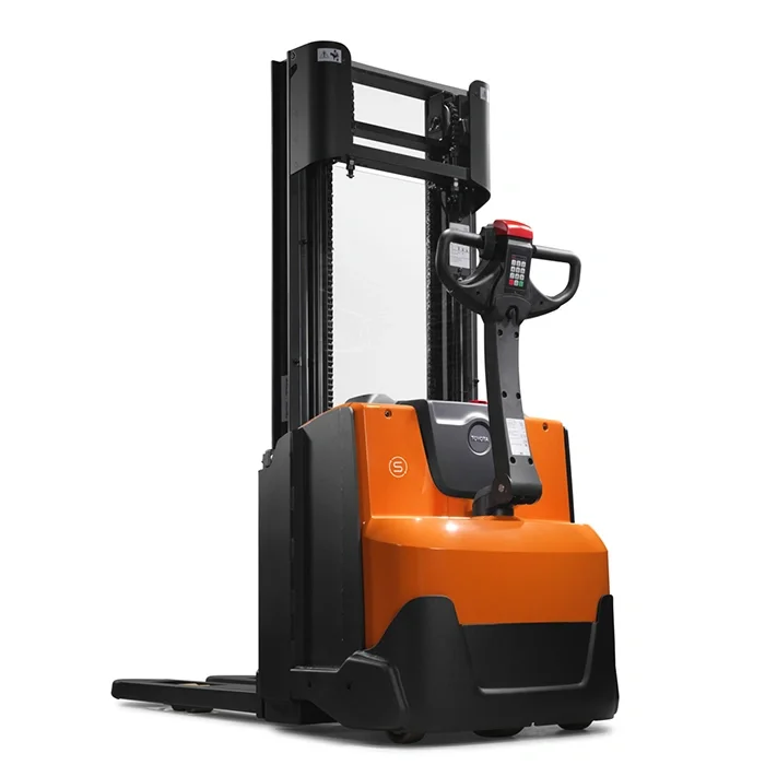 BT Staxio SWE120 electric walkie stacker. Product photo taken from the back at an angle.  