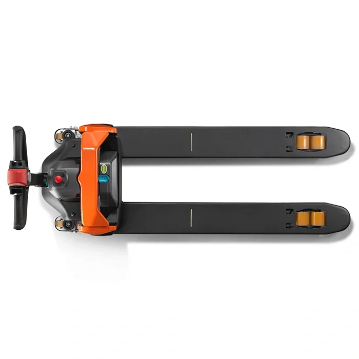 BT Tyro LHE150 powered pallet truck, electric low-lifter. Product photo taken from above. 
