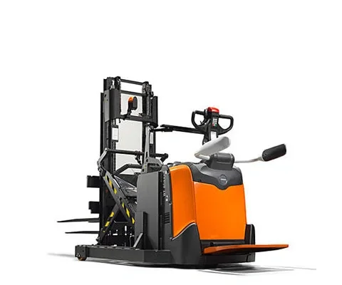 BT Staxio SPE120XRD, electric stacker with reach mast, double load handling, platform, and side guards. Product photo taken from the back at an angle.