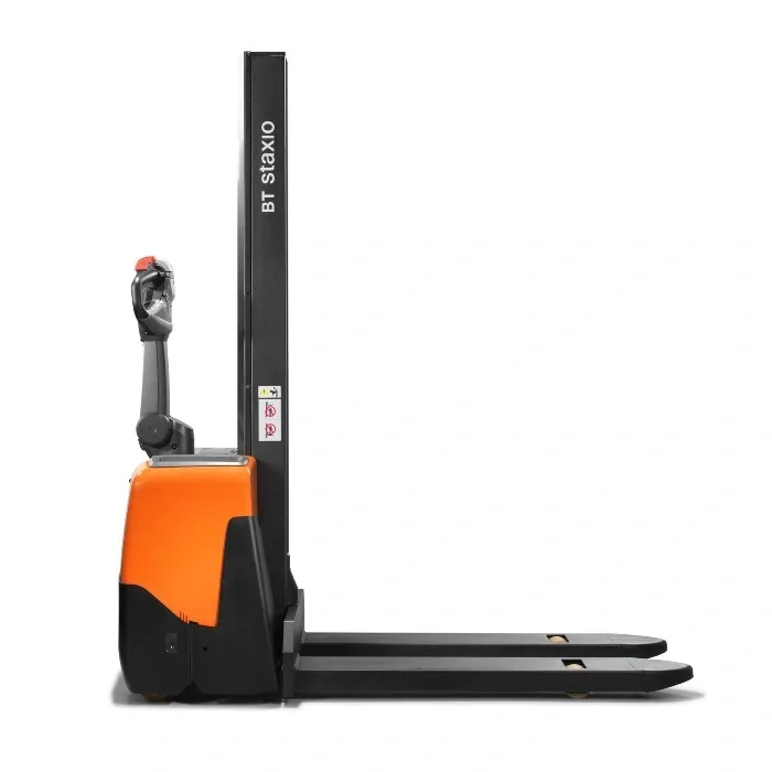 BT Staxio HWE100 powered stacker, electric walkie stacker truck. Product photo taken from the side at an angle. 