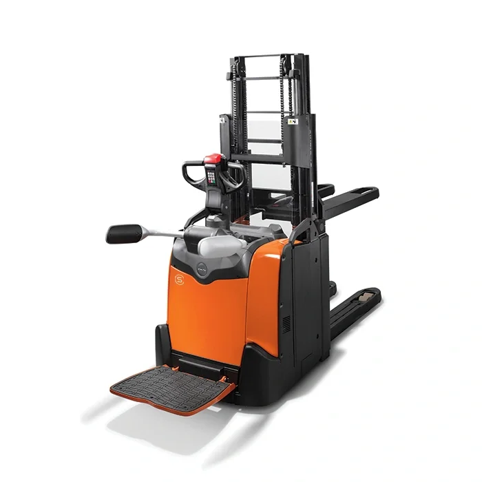BT Staxio SPE200D, electric stacker with double load handling, platform, and side guards. Product photo taken from the back at an angle.