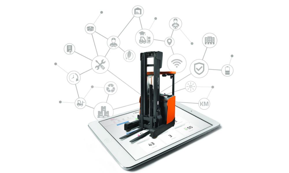 I_site illustration with a Toyota reach truck on a tablet with a web of icons in the background