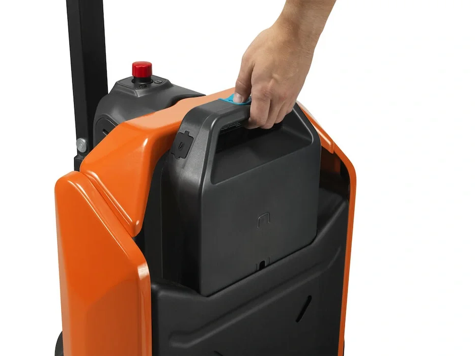BT Tyro LHE150 powered pallet truck, electric low-lifter. Detail photo of battery removal.
