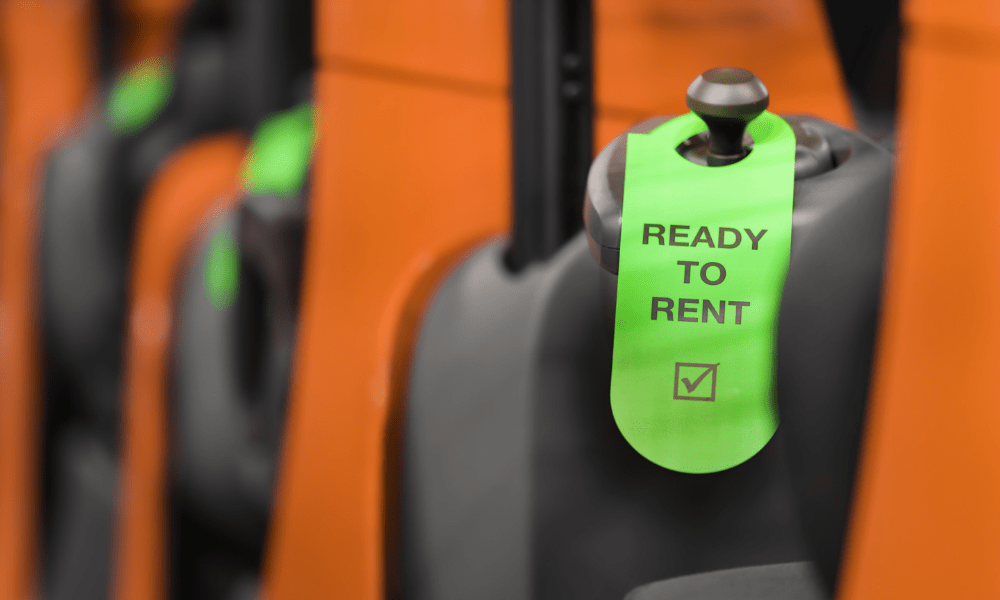 Close-up of tag reading Ready to rent on Toyota truck