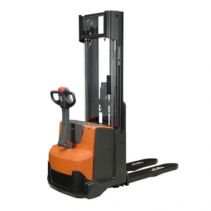 BT Staxio SWE140L electric walkie stacker with elevating support arms. Product photo taken from the side at an angle.  
