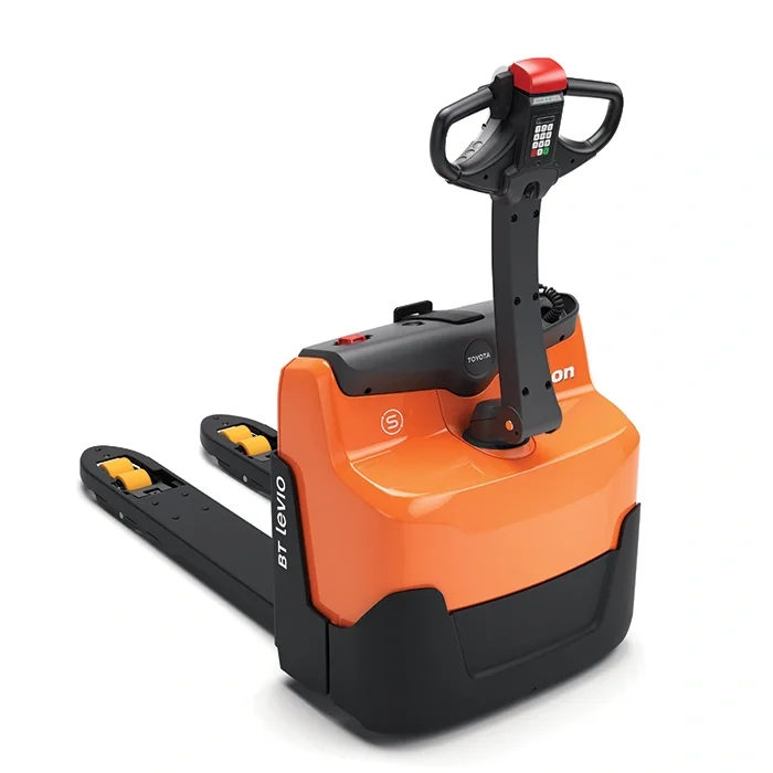 BT Levio LWI160 powered pallet truck, electric walkie low-lifter. Product photo taken from the back at an angle. 