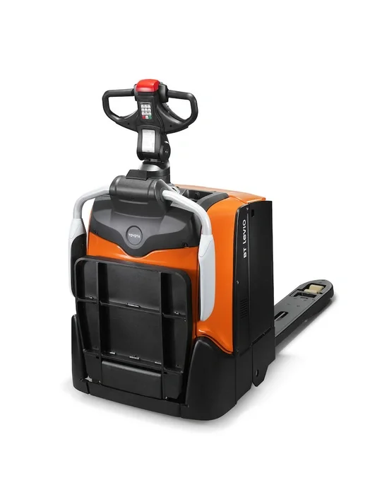 BT Levio LPE200B powered pallet truck, electric low-lifter with platform. Product photo taken from the back at an angle. 
