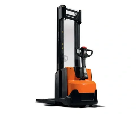 BT Staxio SWE140L electric walkie stacker with elevating support arms. Product photo taken from the back at an angle.  