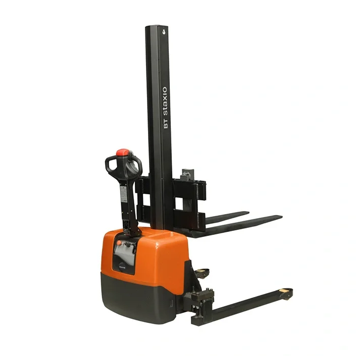 BT Staxio HWE100S powered stacker, electric walkie stacker truck with straddle. Product photo taken from the back at an angle.  