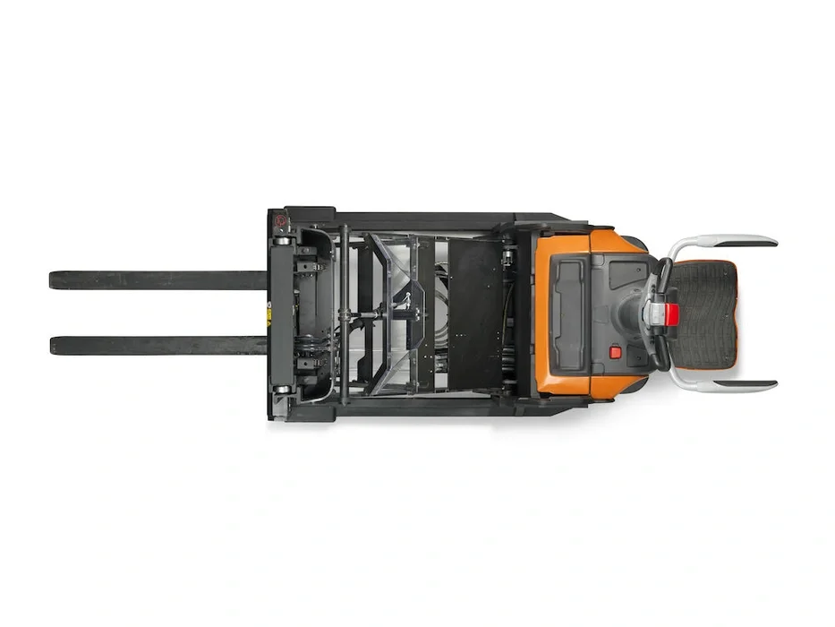 BT Staxio SPE120XR, electric stacker with reach mast, platform, and side guards. Product photo taken from the top.