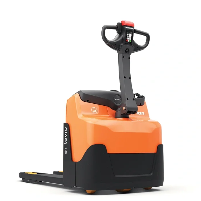 BT Levio LWI160 powered pallet truck, electric walkie low-lifter. Product photo taken from the back at an angle. 