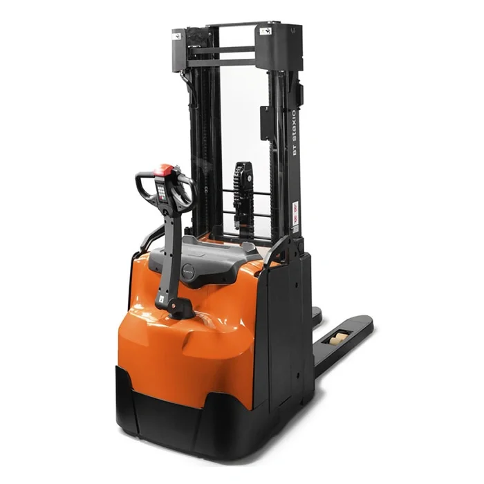 BT Staxio SWE160 electric walkie stacker. Product photo taken from the back at an angle.  