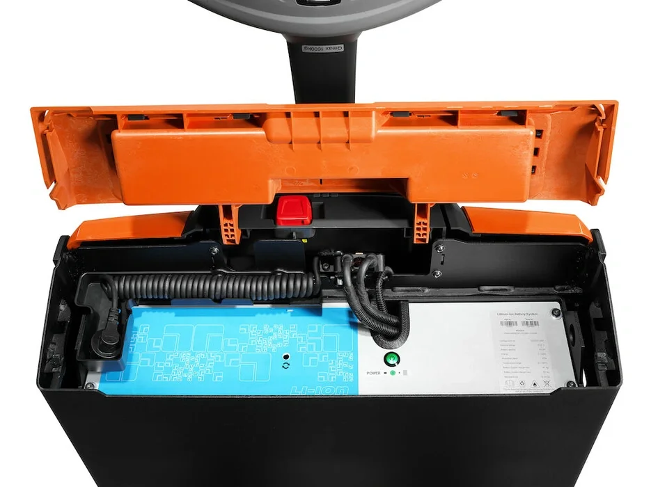 BT Levio LWE160 powered pallet truck, electric walkie low-lifter. Details photo of battery compartment. 