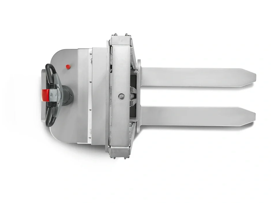 Toyota BT Staxio SWE120I electric walkie stacker with inox treatment and platform. Product photo taken from the top.