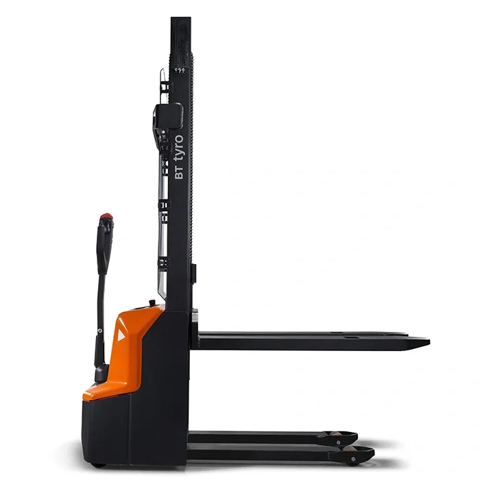 BT Tyro SHE100 walkie operated powered stacker, with forks raised. Product photo taken from the side.