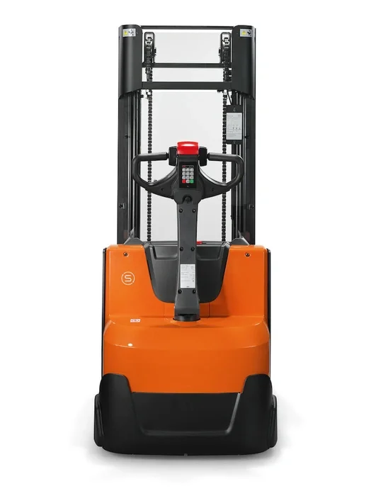 BT Staxio SWE120 electric walkie stacker. Product photo taken from the back. 