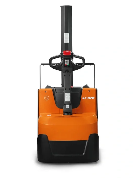 BT Staxio SWE080L electric walkie stacker with elevating support arms. Product photo taken from the back. 