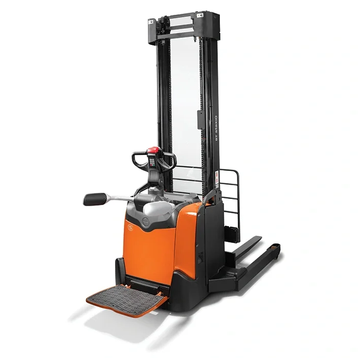 BT Staxio SPE140S powered stacker, electric walkie stacker truck with straddle. Product photo taken from the back at an angle.  