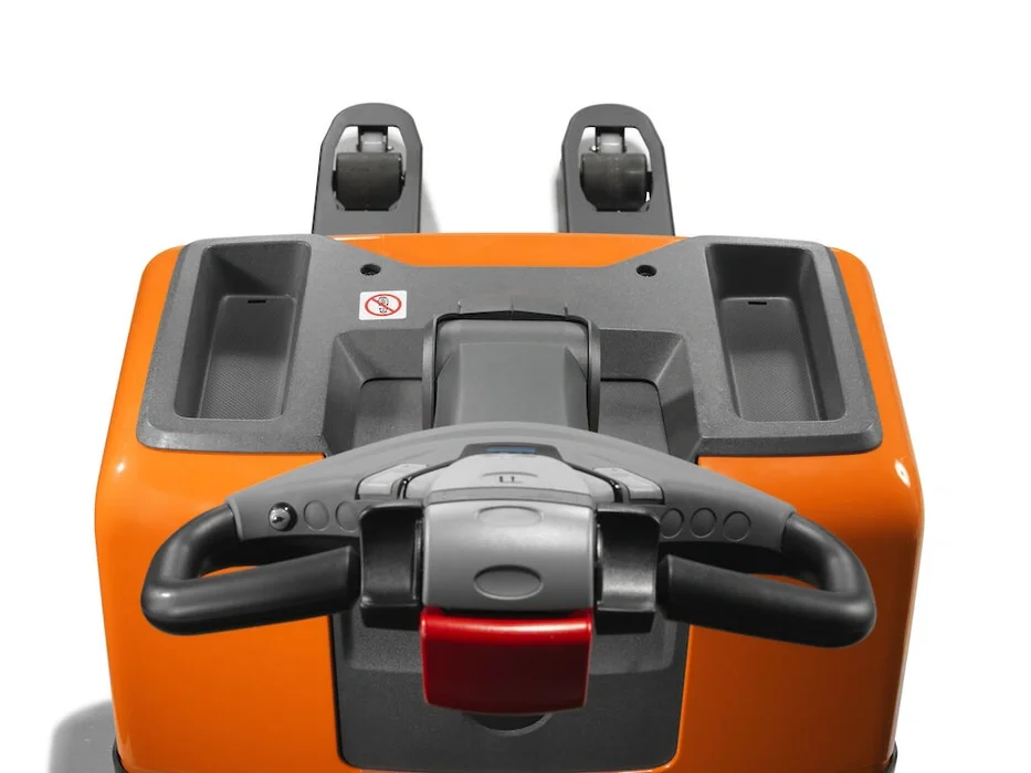 BT Levio LWE130 powered pallet truck, electric walkie low-lifter. Details photo illustrating visibility of fork tips. 