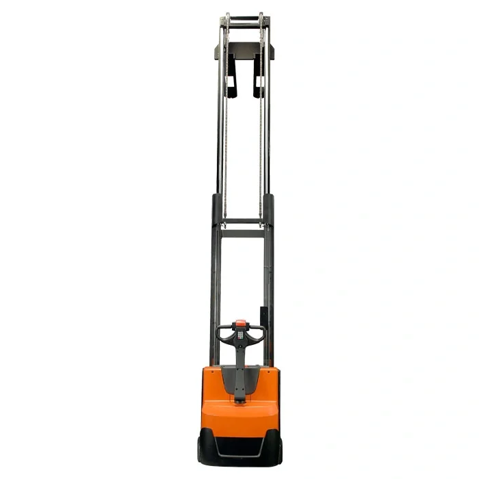 BT Staxio SWE120 electric walkie stacker. Product photo with extended mast, taken from the back. 