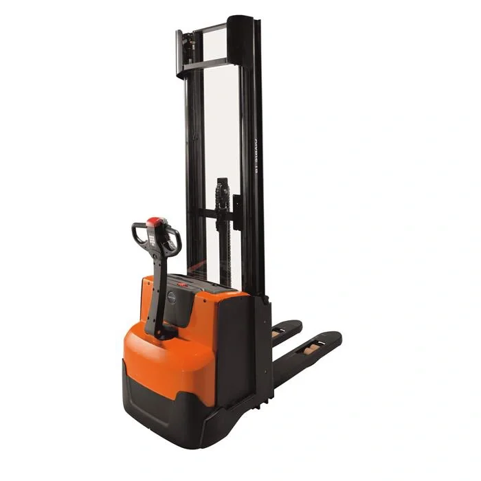 BT Staxio SWE120 electric walkie stacker. Product photo taken from the back at an angle. 