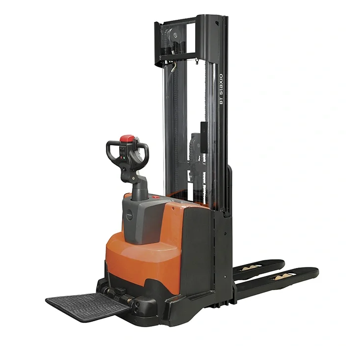 BT Staxio SWE140L electric walkie stacker with elevating support arms. Product photo taken from the back at an angle.  