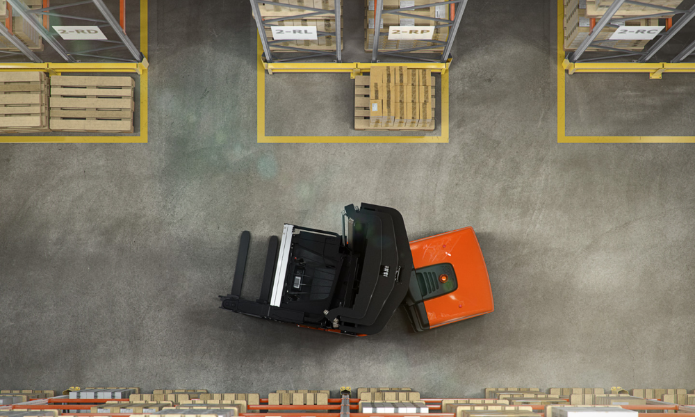 Photograph of Toyota very narrow aisle truck VCE150A in a warehouse taken from above