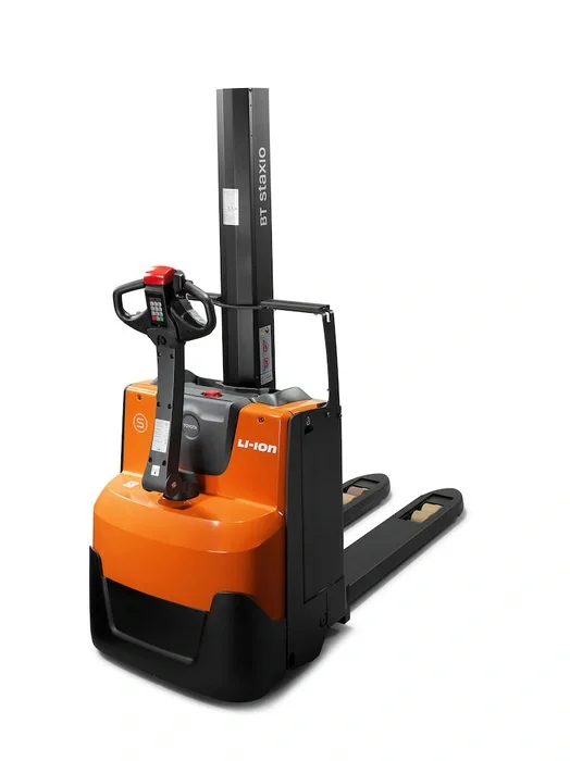 BT Staxio SWE080L electric walkie stacker with elevating support arms. Product photo taken from the back at an angle. 