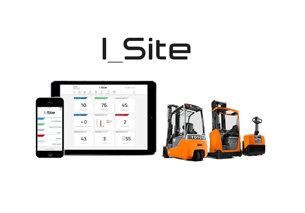 Image collage with I_site logotype, application screenshots and compatible Toyota trucks and forklifts