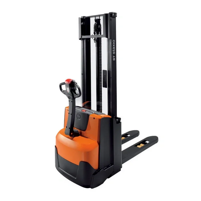 BT Staxio SWE100 electric walkie stacker. Product photo taken from the back at an angle. 