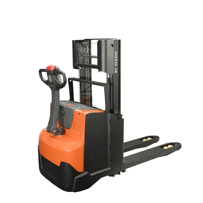 BT Staxio SWE200D, electric walkie stacker with double load handling. Product photo taken from the back at an angle.