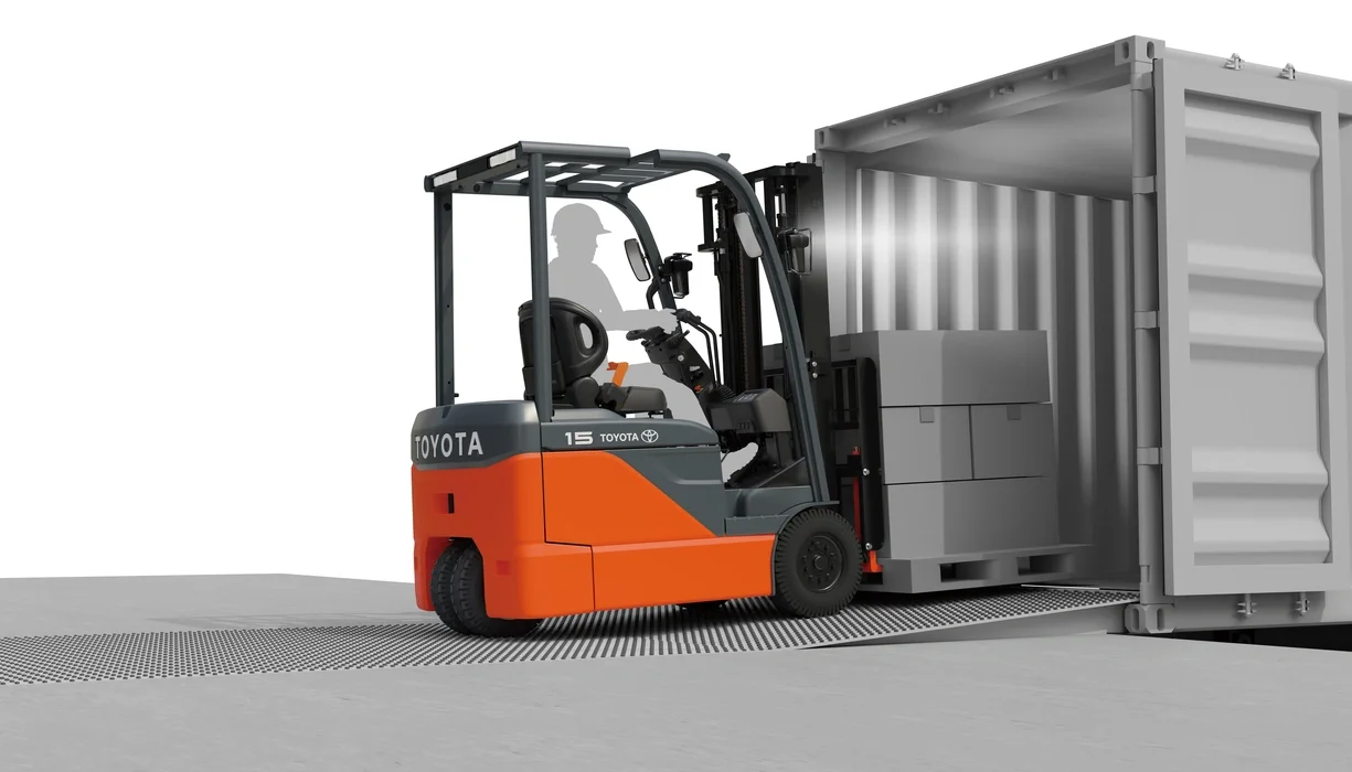Electric counterbalanced forklift Toyota 8-series, 8FBE, driving inside container. 