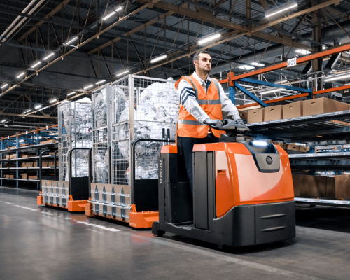 Low-level order picking and horizontal transport with Toyota towing tractor TSE500