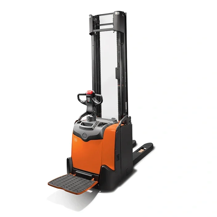 BT Staxio SPE120, electric stacker with platform. Product photo taken from the back at an angle.
