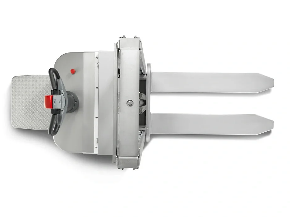 Toyota BT Staxio SWE120I electric walkie stacker with inox treatment and platform. Product photo taken from the top.