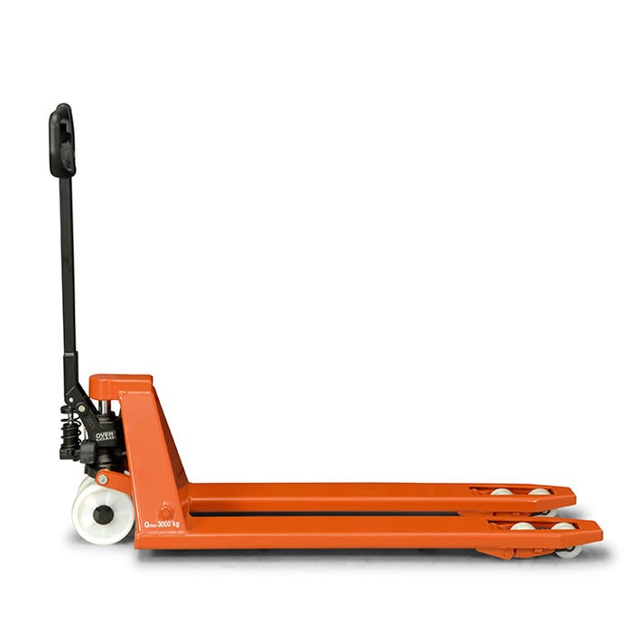 Toyota Lifter LHM300 hand pallet truck, heavy lifter. Product photo from the side. 