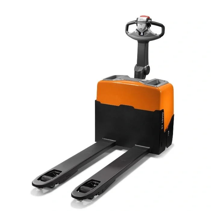 BT Levio LWE130 powered pallet truck, electric walkie low-lifter. Product photo taken from the front at an angle. 