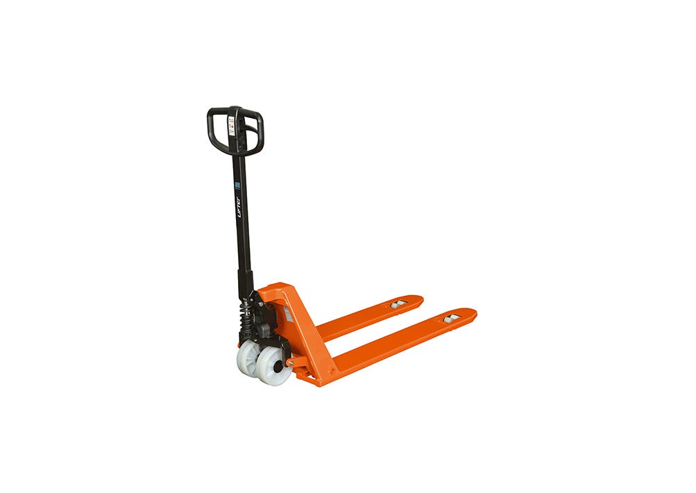 Toyota Lifter LHM100UL, ultra low manual hand pallet truck. Product photo from the back at an angle.