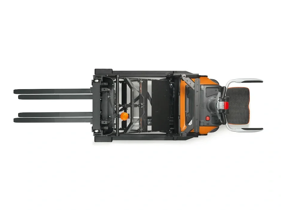BT Staxio SPE120XRD, electric stacker with reach mast, double load handling, platform, and side guards. Product photo taken from the top.