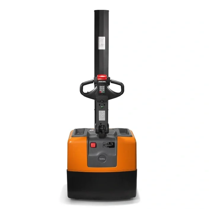 BT Staxio HWE100 powered stacker, electric walkie stacker truck. Product photo taken from the back.