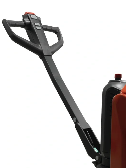 BT Tyro LHE150 powered pallet truck, electric low-lifter. Detail photo of tiller arm and handle bar.