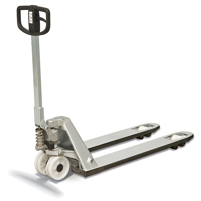 Toyota Lifter LHM230G hand pallet truck, galvanized steel. Product photo from the back. 