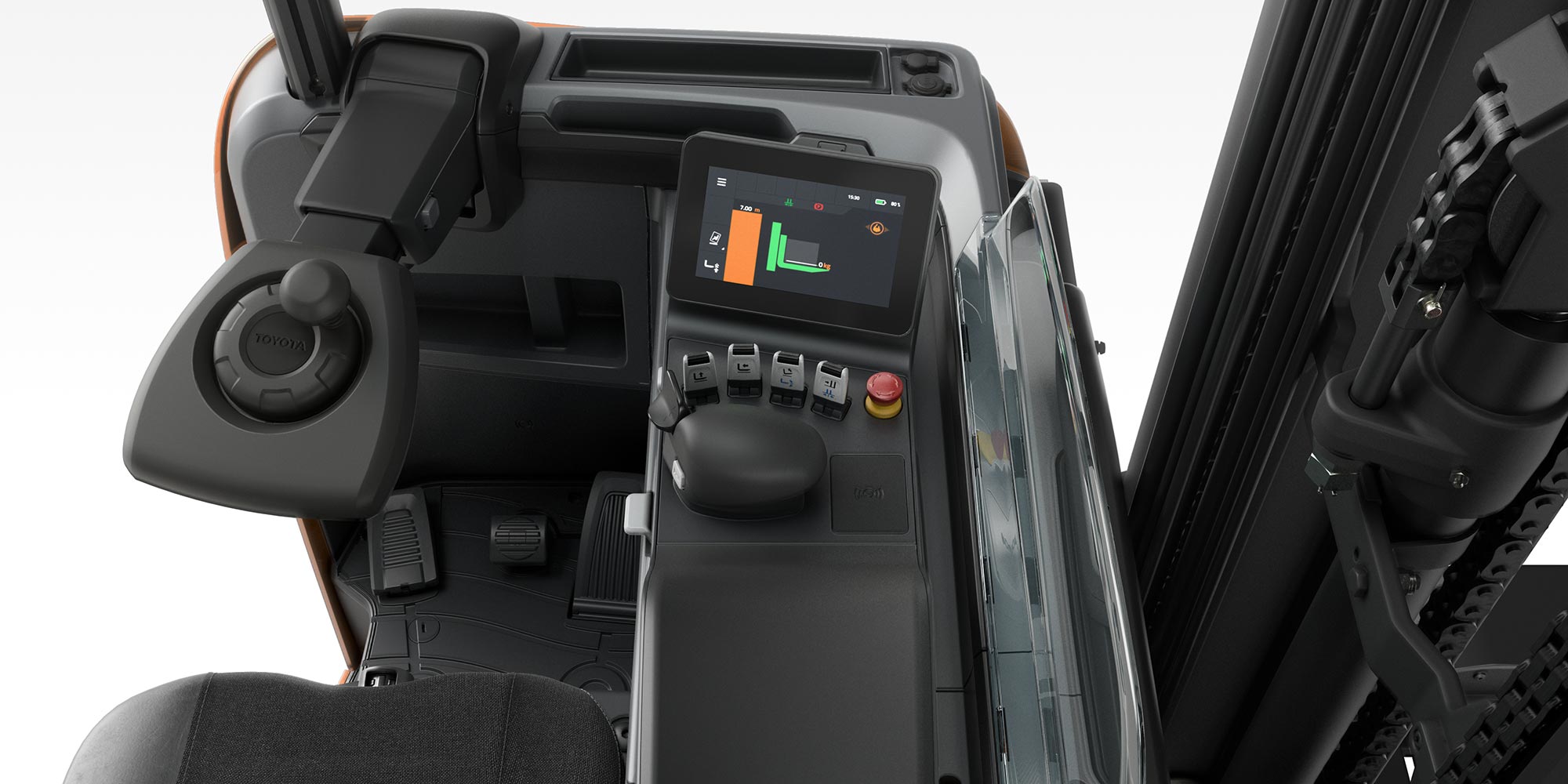 Toyota BT Reflex-series electric reach truck, inside operator compartment