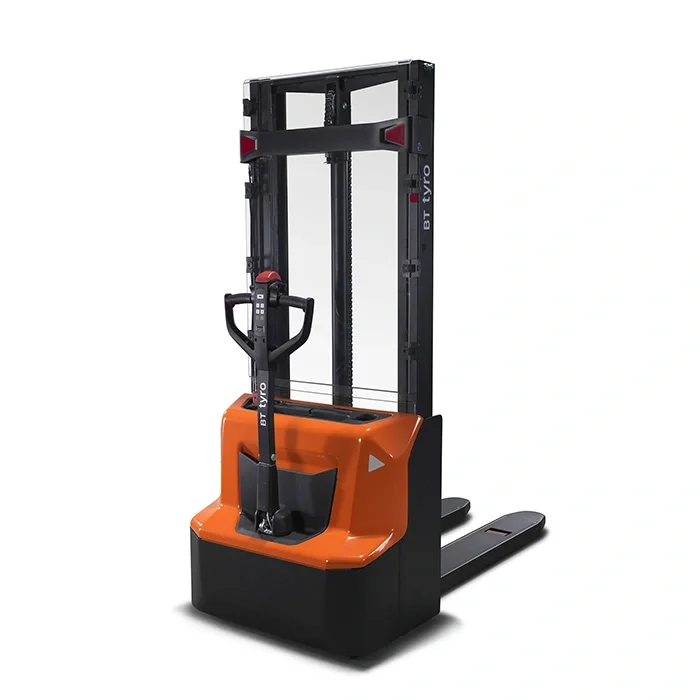 BT Tyro SHE100 walkie operated powered stacker. Product photo taken from the back at an angle.