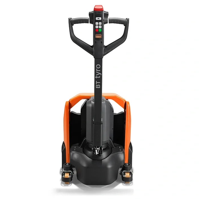 BT Tyro LHE150 powered pallet truck, electric low-lifter. Product photo taken from the back.
