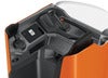 BT Levio LSI200 powered pallet truck, electric low-lifter with sit/stand operator position. Details photo of operator environment and console. 