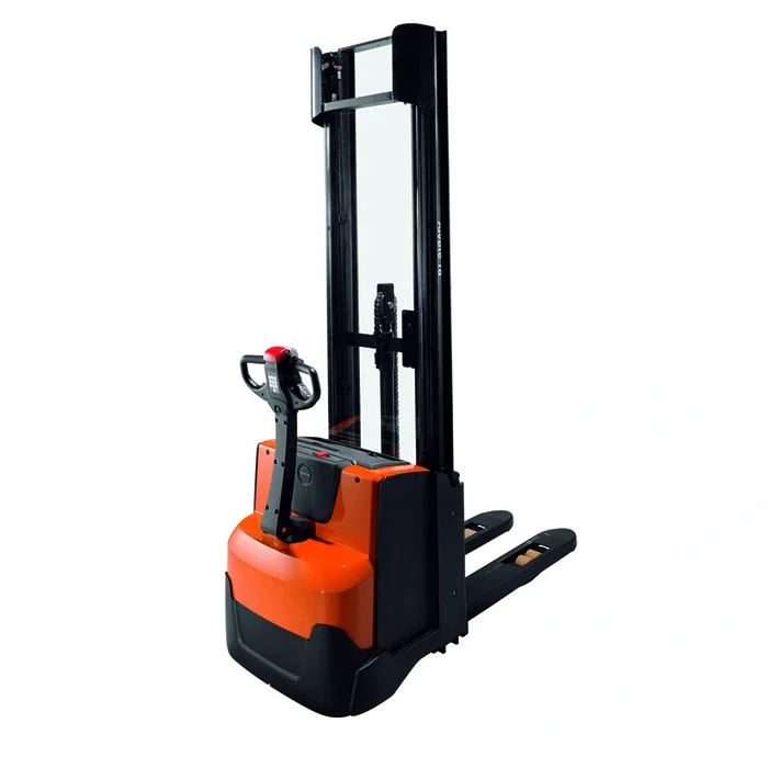 BT Staxio SWE120L electric walkie stacker with elevating support arms. Product photo taken from the back at an angle.  