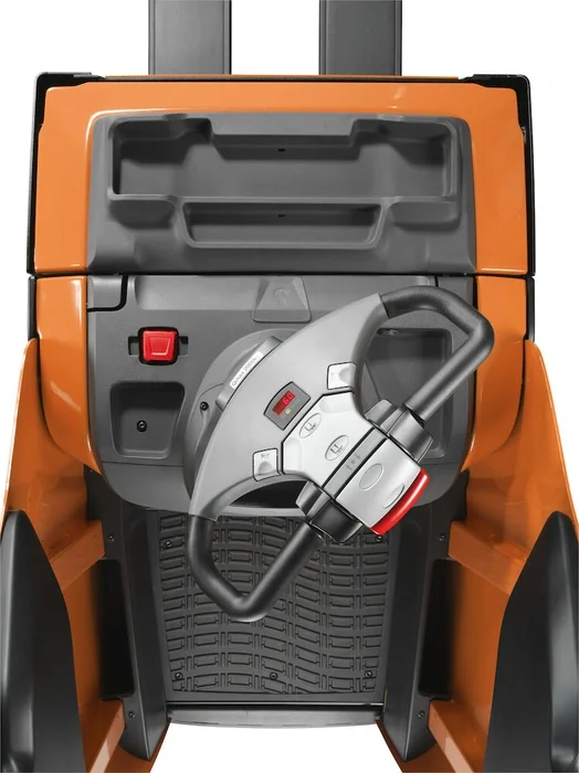 BT Levio LPE200 powered pallet truck, electric low-lifter with platform and fixed side guard option. Details photo taken from the top illustrating steering option. 