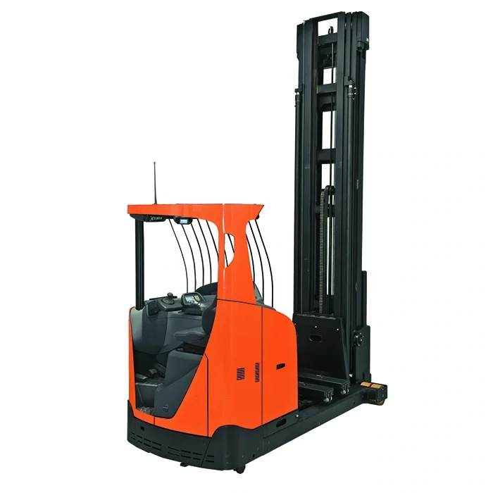 BT Vector VRE125SF, very narrow aisle truck with shuttle forks. Product photo taken from the side at an angle.