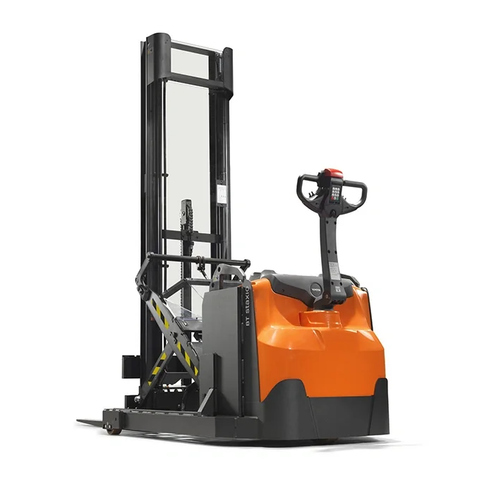 BT Staxio SWE120XR, electric walkie stacker with reach mast. Product photo taken from the back at an angle.